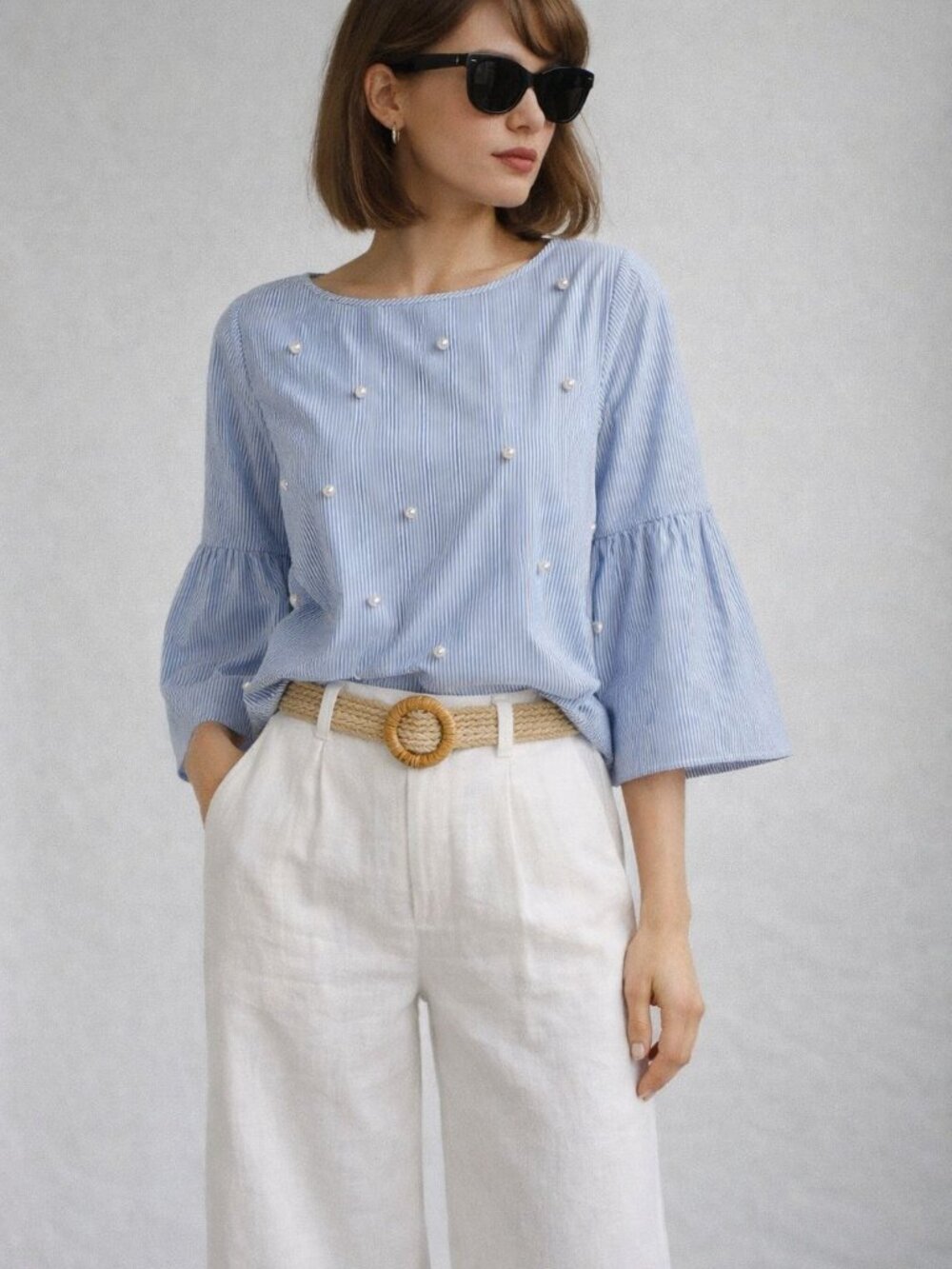 Valerie Stevens Blue Seersucker Striped Bell Sleeve Blouse with 3D Pearls Small